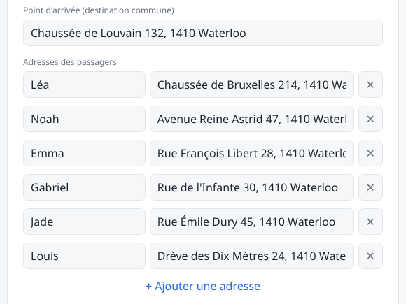 Le formulaire de démarrage : un champ pour la destination commune, puis les adresses des passagers, une par ligne.